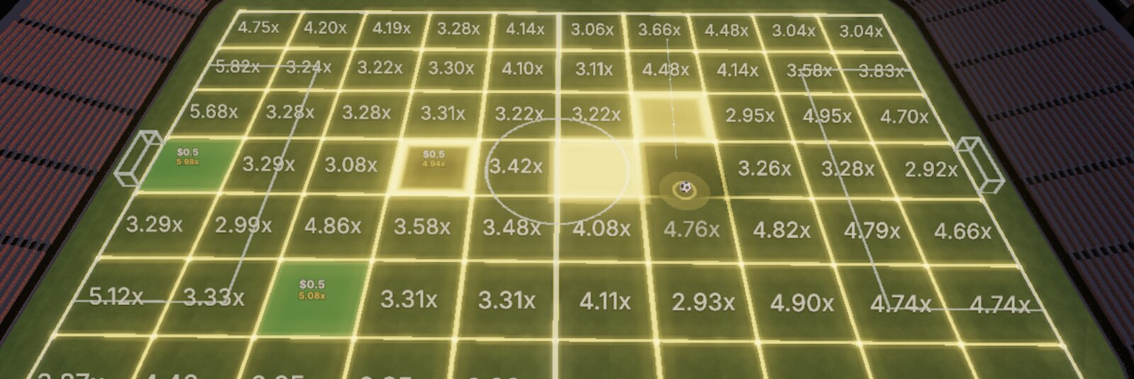 A live football prediction market: a Tap Trade control below a pitch grid where each zone is priced with a multiplier.