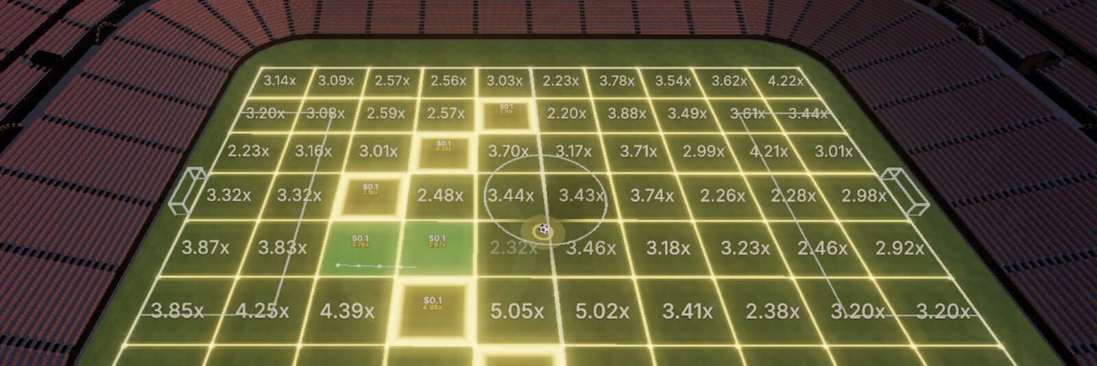 A live Trade the Ball match: the football pitch rendered as a grid of zones, each showing its own live multiplier.