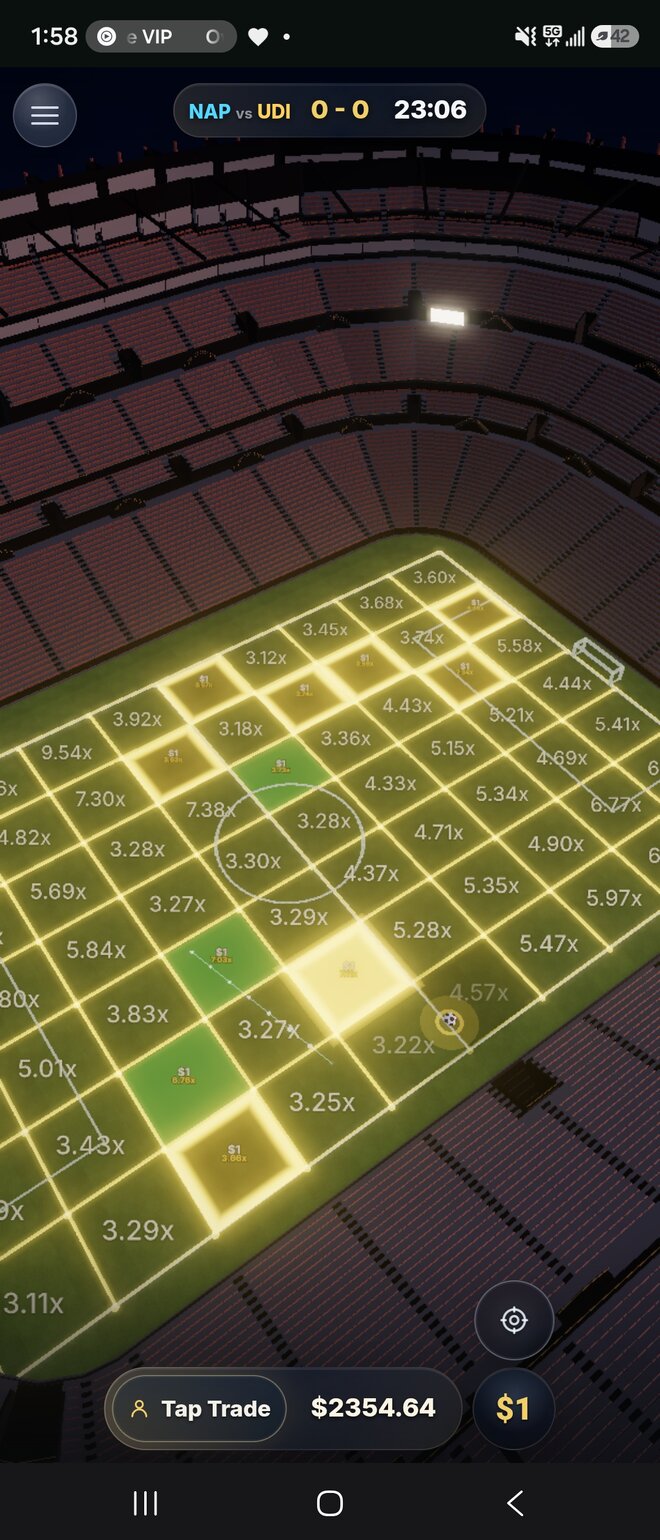 Trade the Ball live match screen: the football pitch shown as a grid of zones, each with its own live multiplier, during a real game.