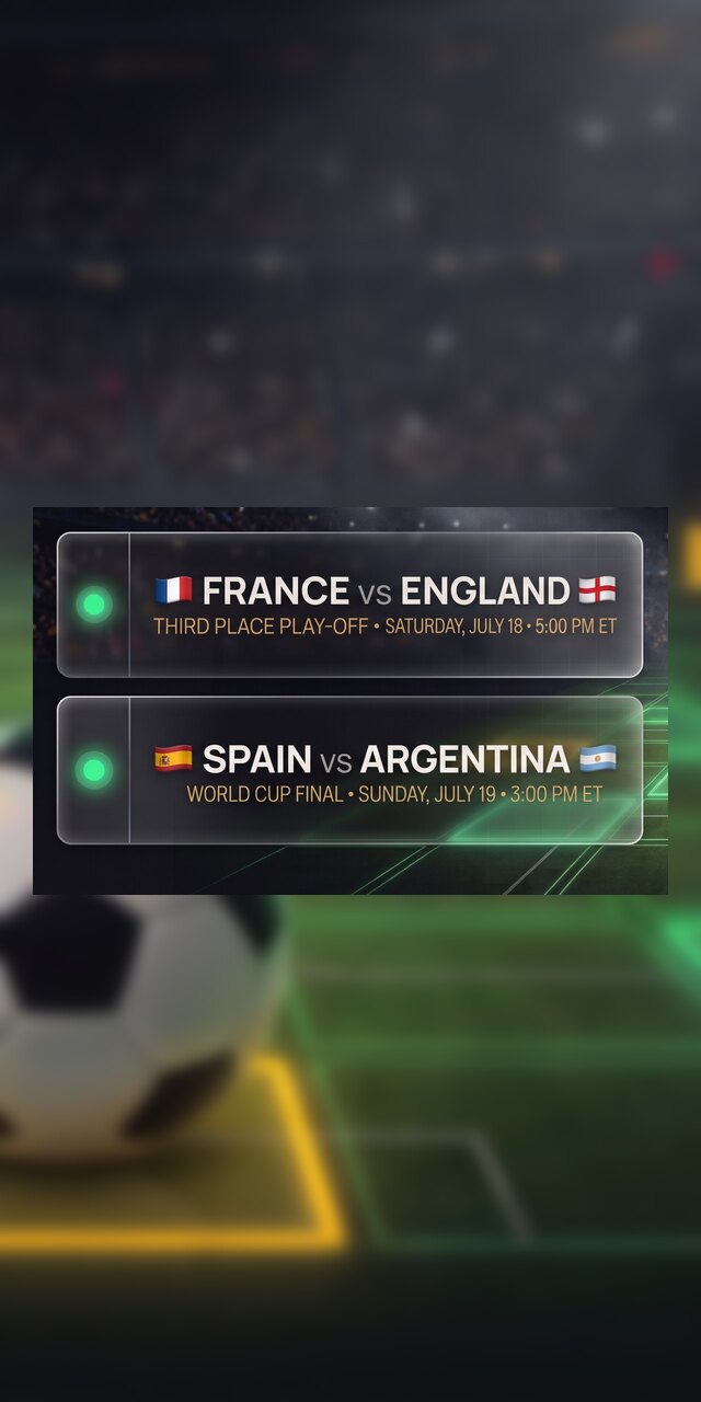 World Cup finals weekend: the France vs England and Spain vs Argentina match cards over a glowing prediction pitch.